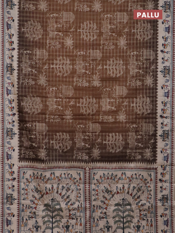Semi tussar saree brown and cream with allover zari checks & warli prints  and printed border