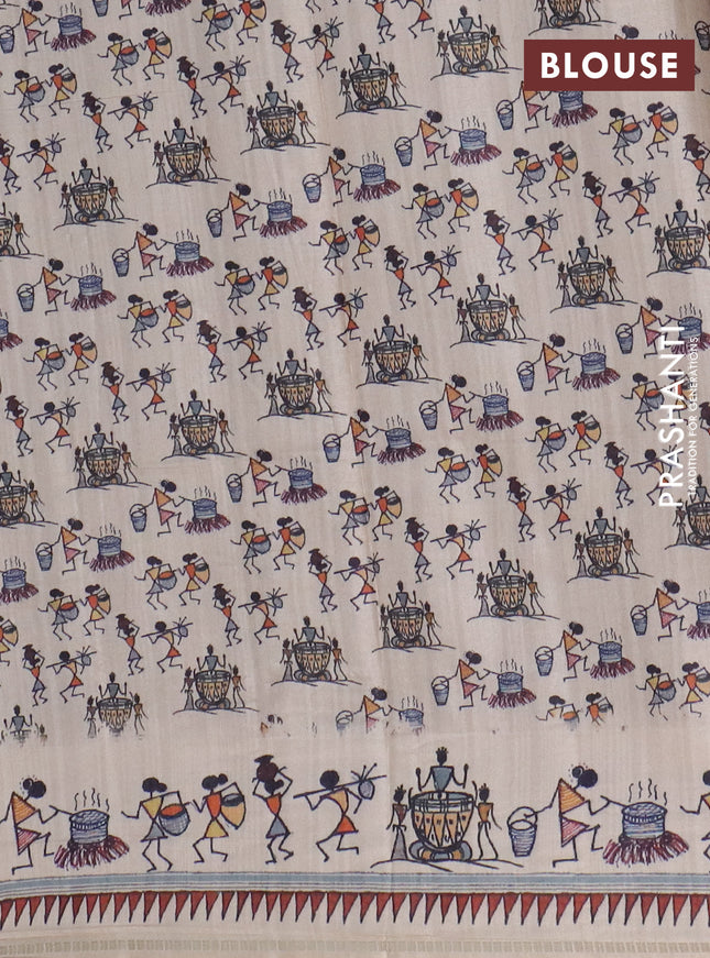 Semi tussar saree brown and cream with allover zari checks & warli prints  and printed border