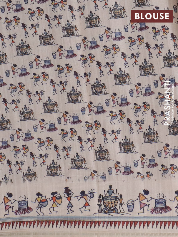 Semi tussar saree brown and cream with allover zari checks & warli prints  and printed border