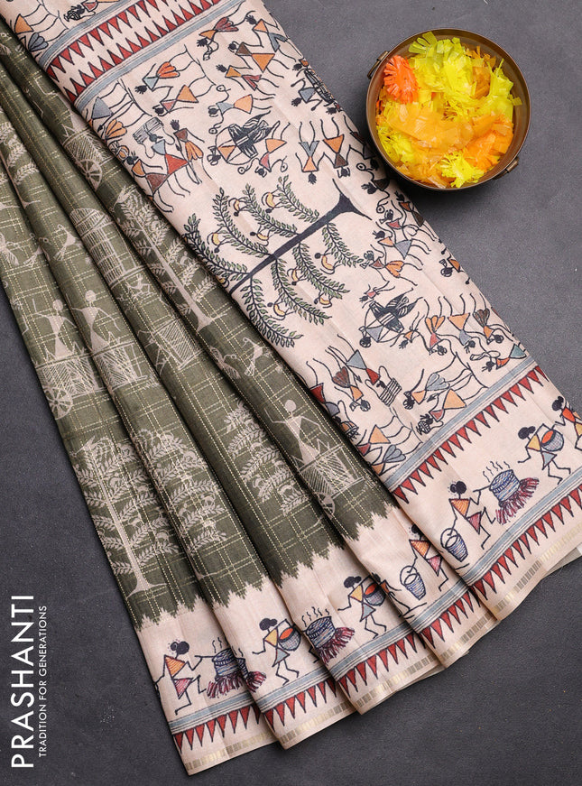 Semi tussar saree sap green and cream with allover zari checks & warli prints  and printed border
