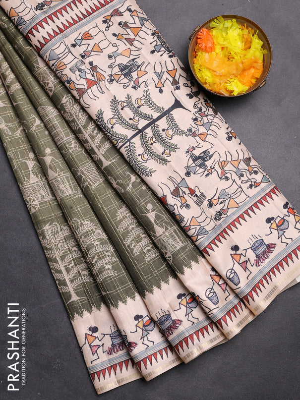 Semi tussar saree sap green and cream with allover zari checks & warli prints  and printed border