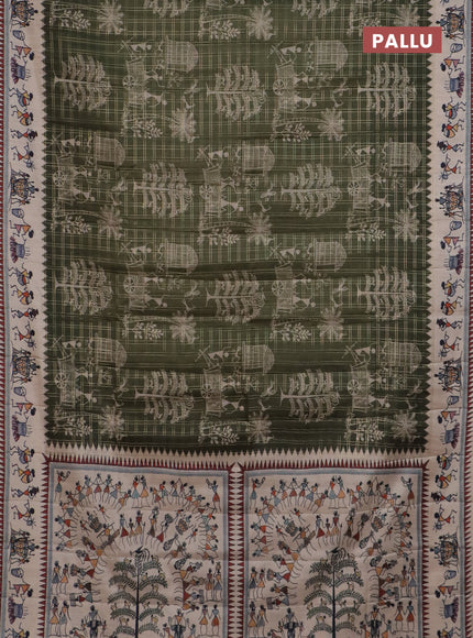 Semi tussar saree sap green and cream with allover zari checks & warli prints  and printed border