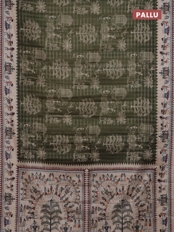 Semi tussar saree sap green and cream with allover zari checks & warli prints  and printed border