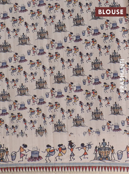 Semi tussar saree sap green and cream with allover zari checks & warli prints  and printed border