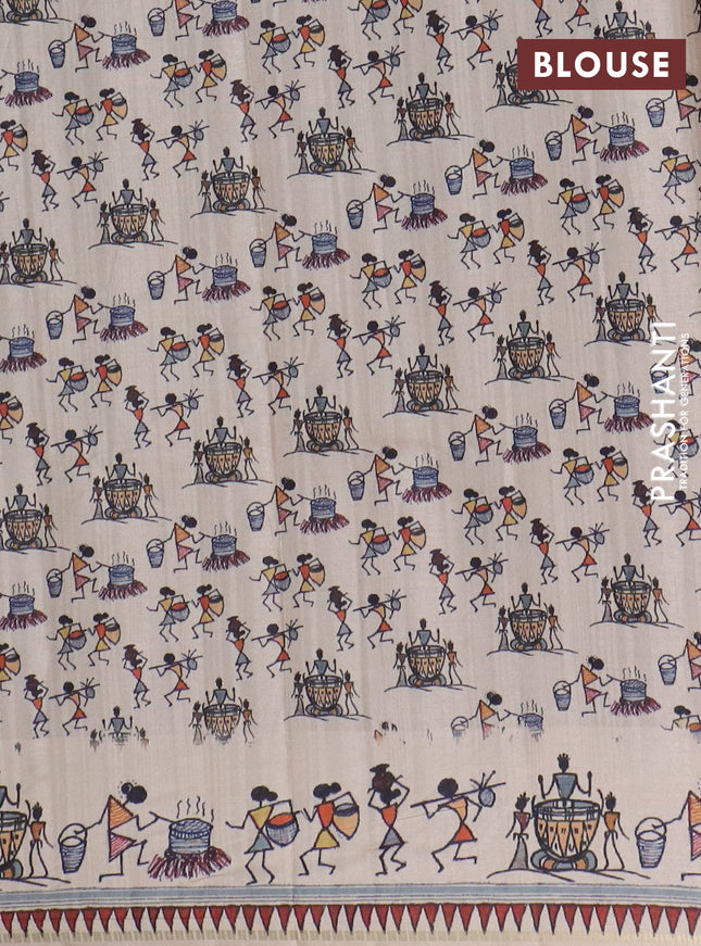 Semi tussar saree sap green and cream with allover zari checks & warli prints  and printed border