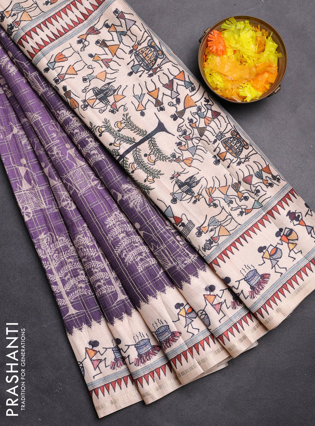 Semi tussar saree violet and cream with allover zari checks & warli prints  and printed border