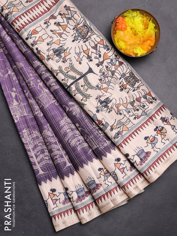 Semi tussar saree violet and cream with allover zari checks & warli prints  and printed border