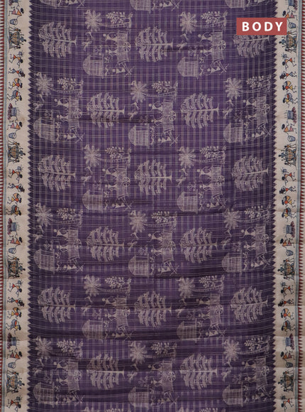 Semi tussar saree violet and cream with allover zari checks & warli prints  and printed border