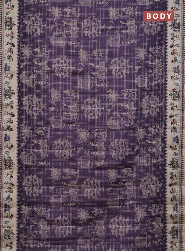 Semi tussar saree violet and cream with allover zari checks & warli prints  and printed border