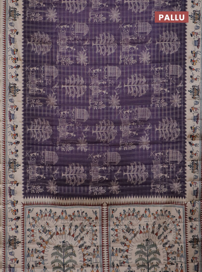 Semi tussar saree violet and cream with allover zari checks & warli prints  and printed border