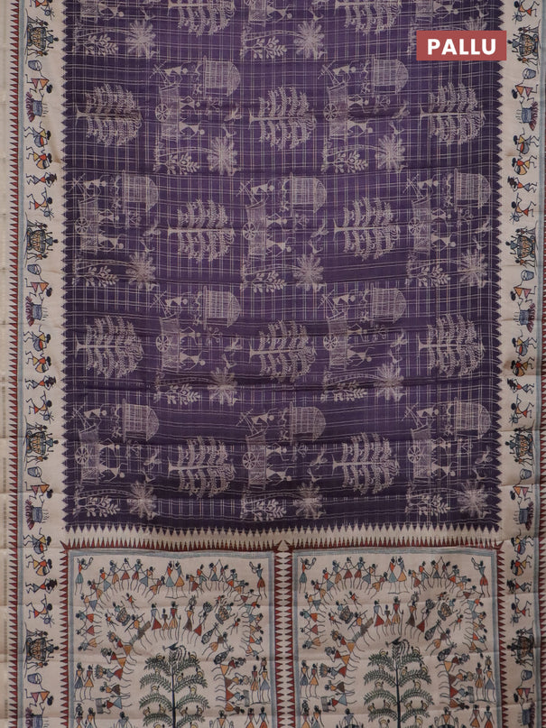 Semi tussar saree violet and cream with allover zari checks & warli prints  and printed border