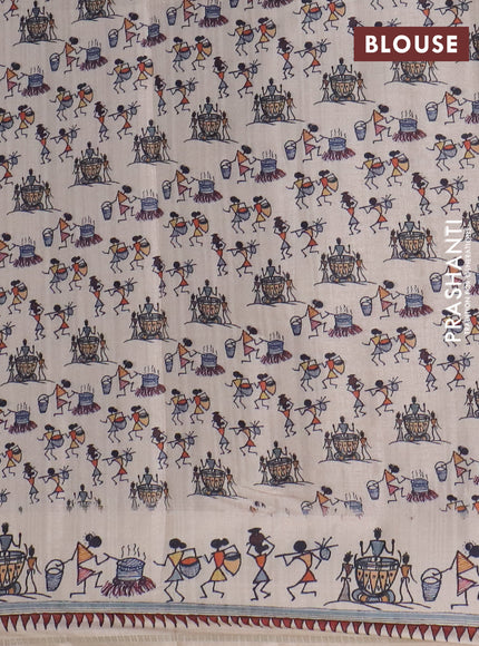 Semi tussar saree violet and cream with allover zari checks & warli prints  and printed border