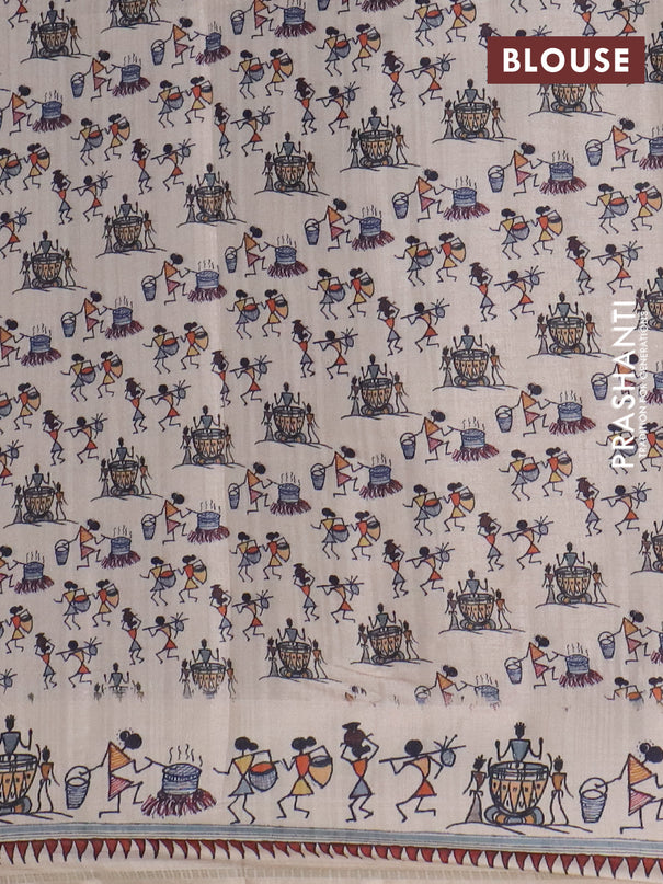 Semi tussar saree violet and cream with allover zari checks & warli prints  and printed border