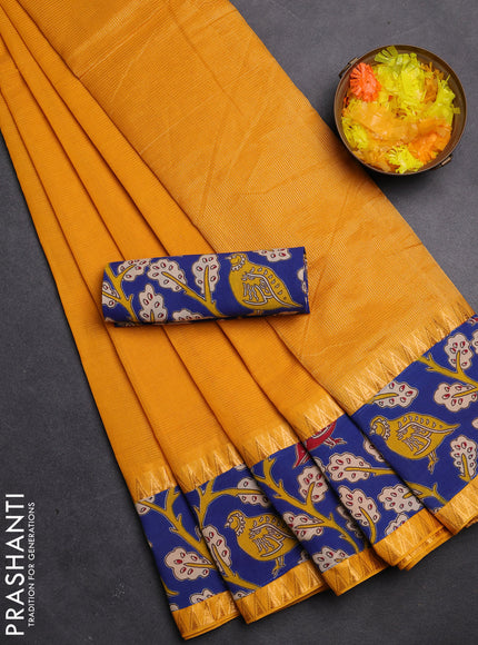 Mangalgiri cotton saree mango yellow and blue with plain body and kalamkari applique work border