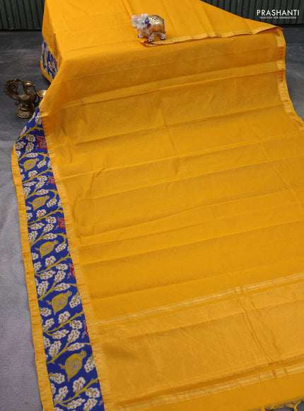 Mangalgiri cotton saree mango yellow and blue with plain body and kalamkari applique work border
