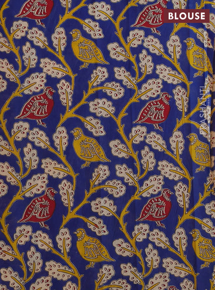 Mangalgiri cotton saree mango yellow and blue with plain body and kalamkari applique work border