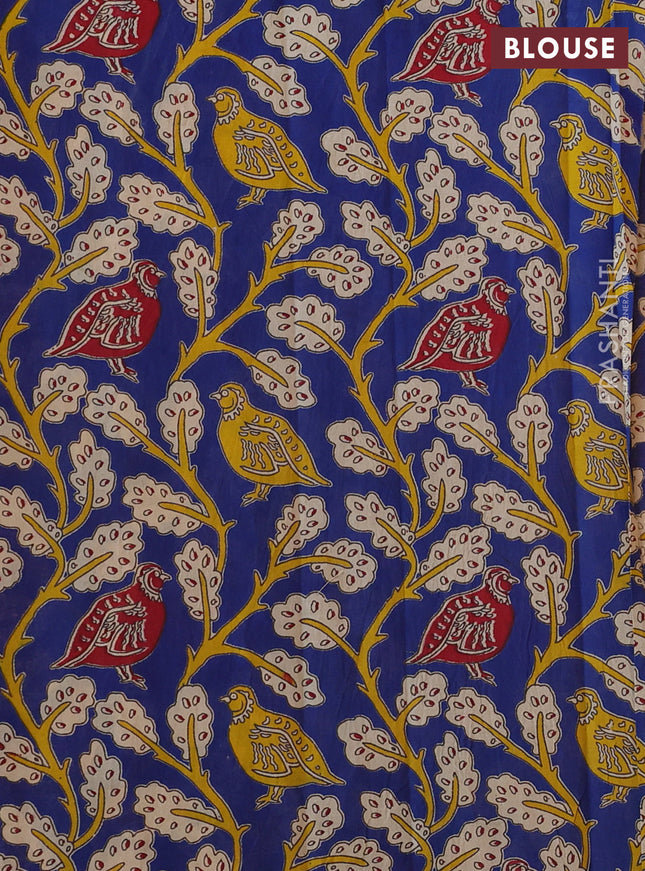 Mangalgiri cotton saree mango yellow and blue with plain body and kalamkari applique work border