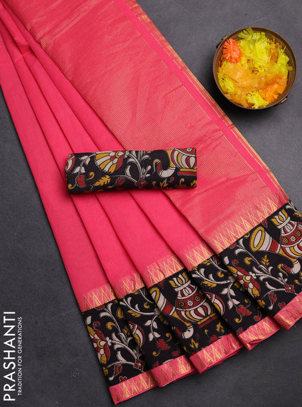 Mangalgiri cotton saree peach pink and black with plain body and kalamkari applique work border