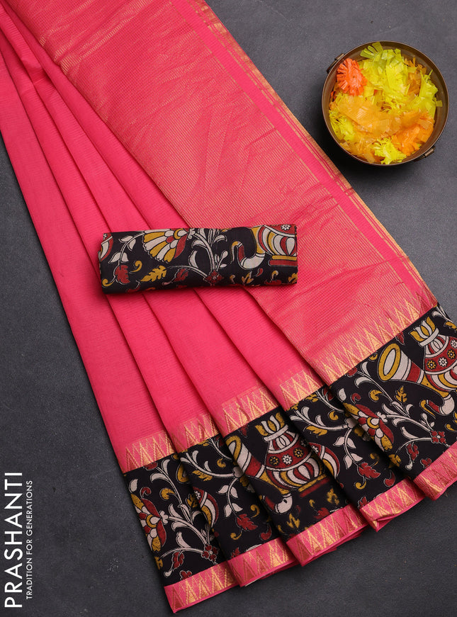 Mangalgiri cotton saree peach pink and black with plain body and kalamkari applique work border