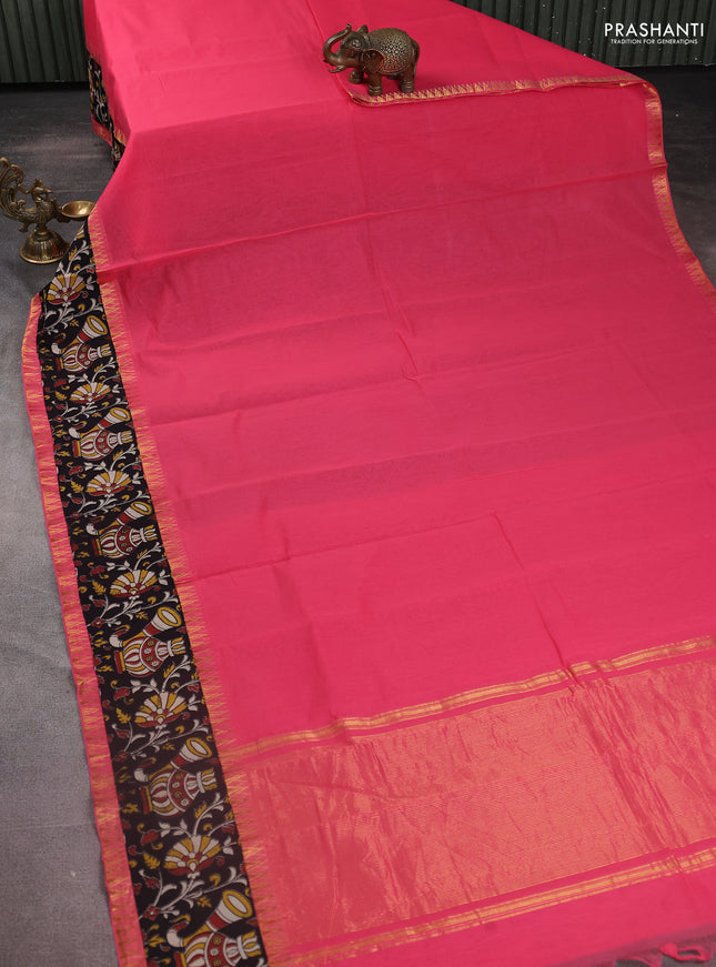 Mangalgiri cotton saree peach pink and black with plain body and kalamkari applique work border