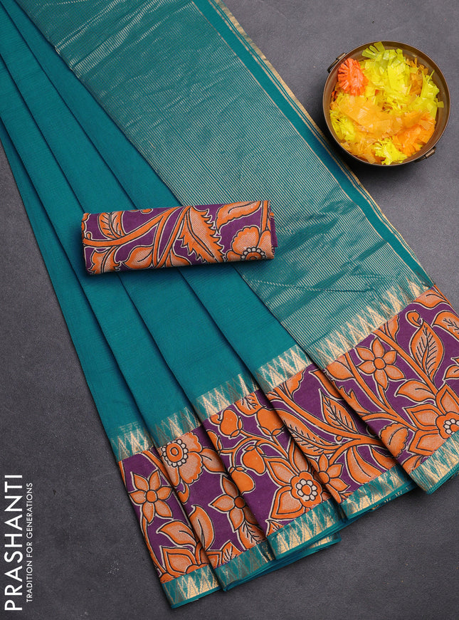 Mangalgiri cotton saree blue and purple with plain body and kalamkari applique work border