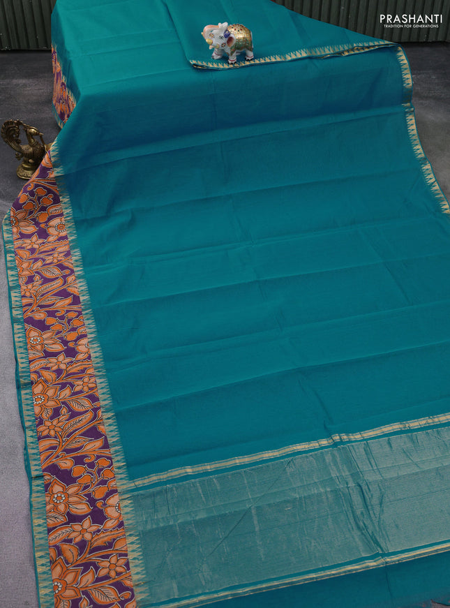 Mangalgiri cotton saree blue and purple with plain body and kalamkari applique work border