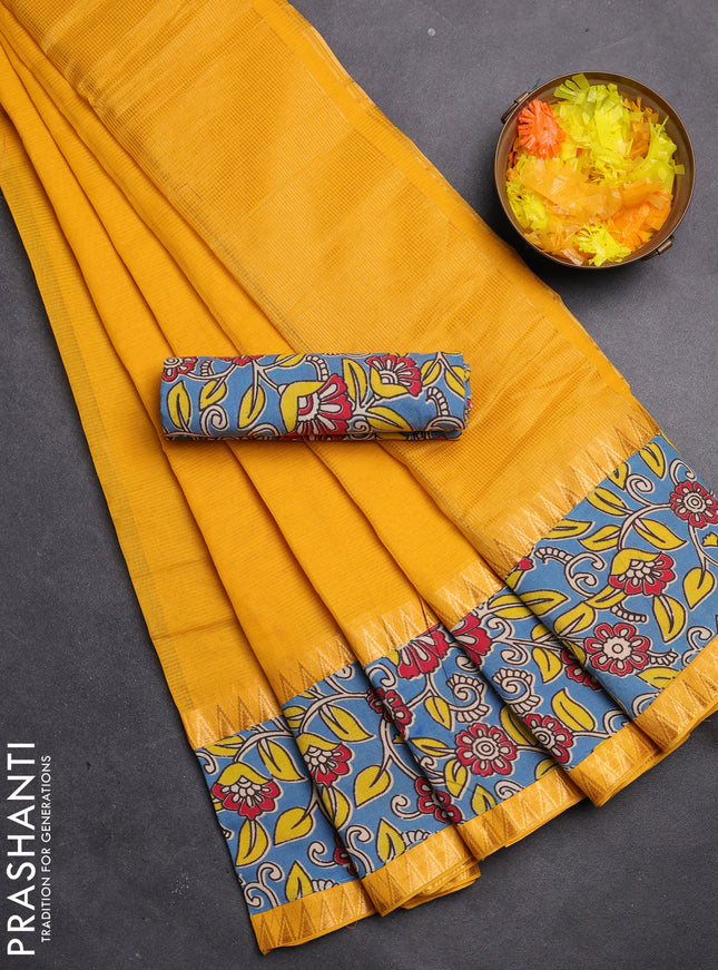 Mangalgiri cotton saree yellow and cs blue with plain body and kalamkari applique work border