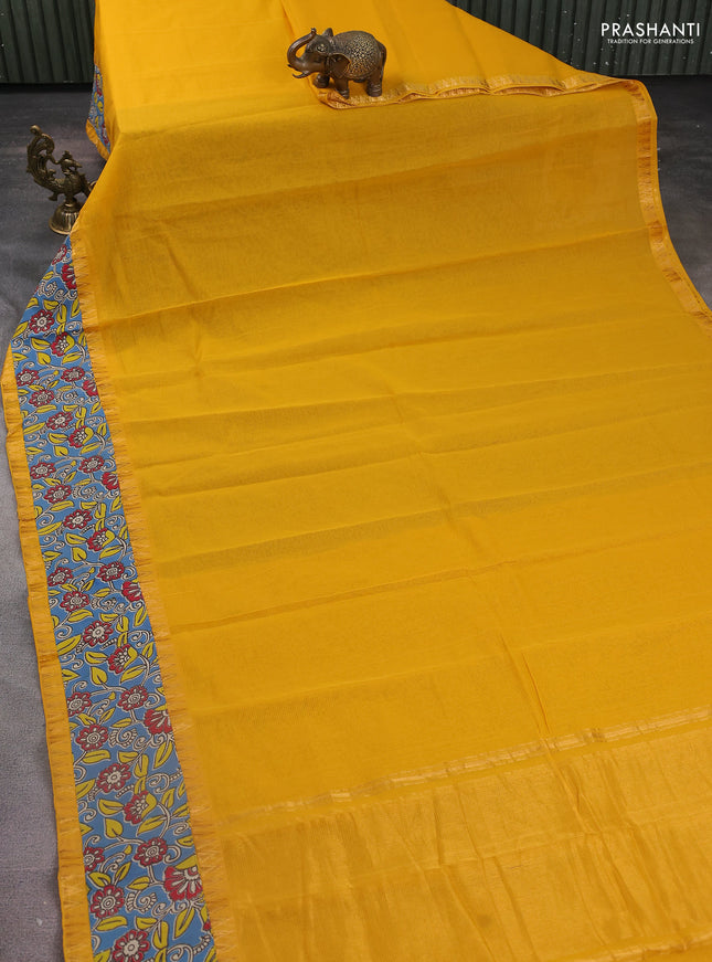 Mangalgiri cotton saree yellow and cs blue with plain body and kalamkari applique work border