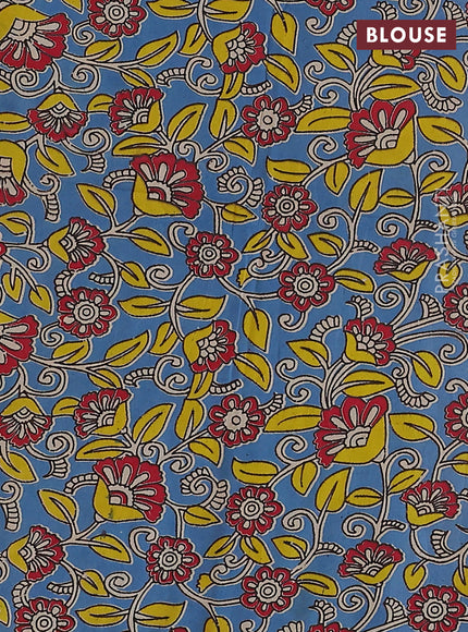 Mangalgiri cotton saree yellow and cs blue with plain body and kalamkari applique work border