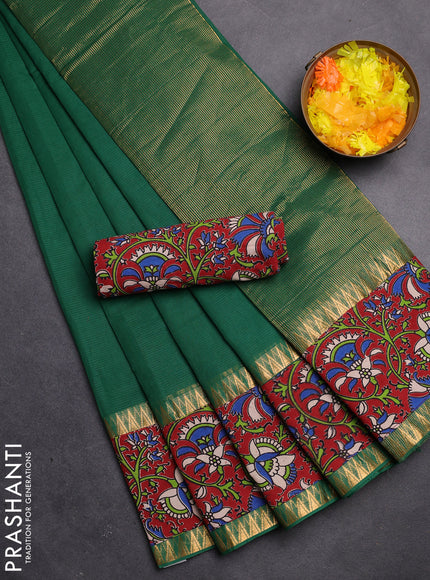 Mangalgiri cotton saree dark green and maroon with plain body and kalamkari applique work border