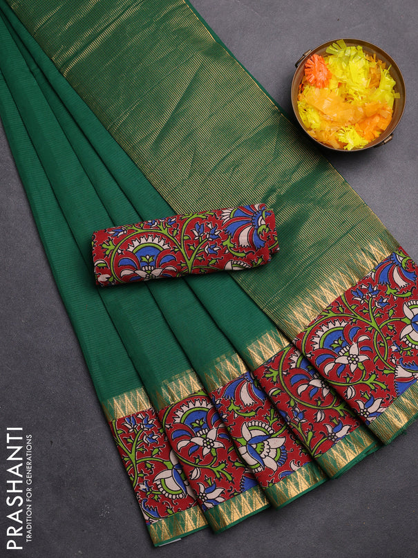 Mangalgiri cotton saree dark green and maroon with plain body and kalamkari applique work border