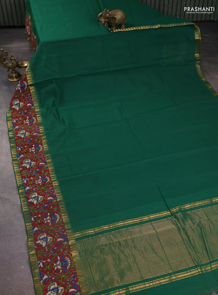 Mangalgiri cotton saree dark green and maroon with plain body and kalamkari applique work border