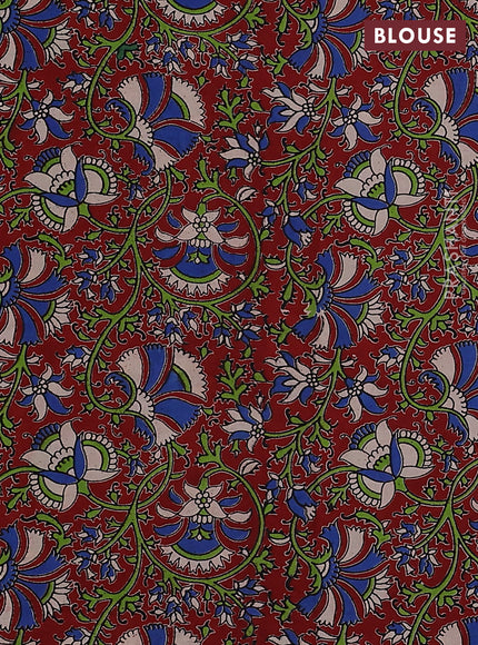 Mangalgiri cotton saree dark green and maroon with plain body and kalamkari applique work border