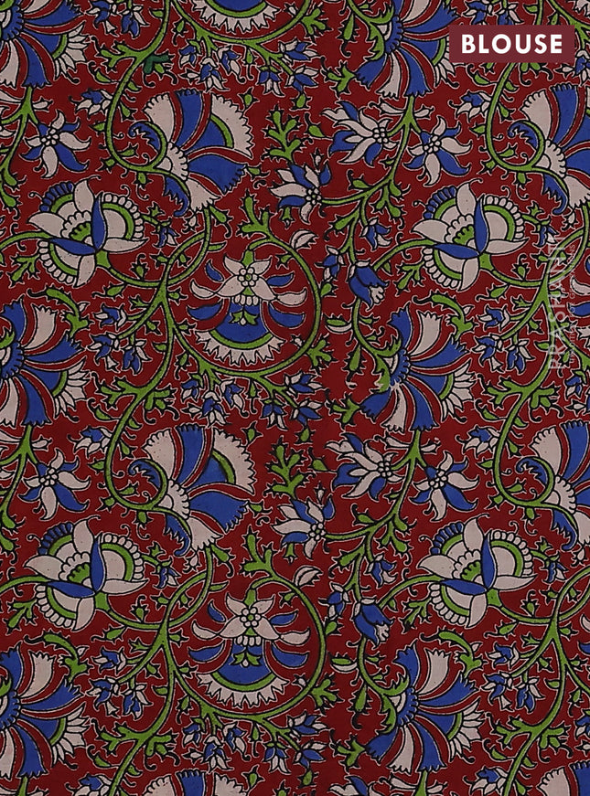 Mangalgiri cotton saree dark green and maroon with plain body and kalamkari applique work border