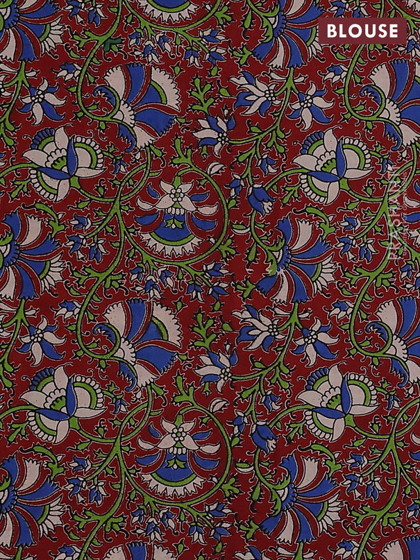 Mangalgiri cotton saree dark green and maroon with plain body and kalamkari applique work border