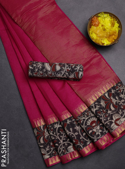 Mangalgiri cotton saree pink and black with plain body and kalamkari applique work border