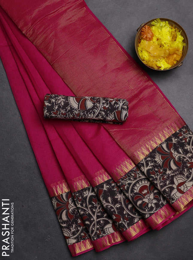Mangalgiri cotton saree pink and black with plain body and kalamkari applique work border
