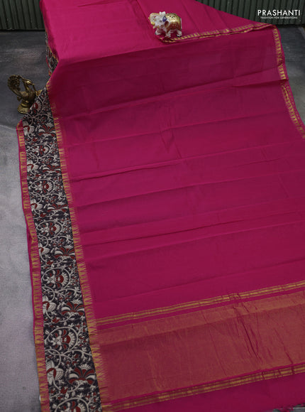 Mangalgiri cotton saree pink and black with plain body and kalamkari applique work border