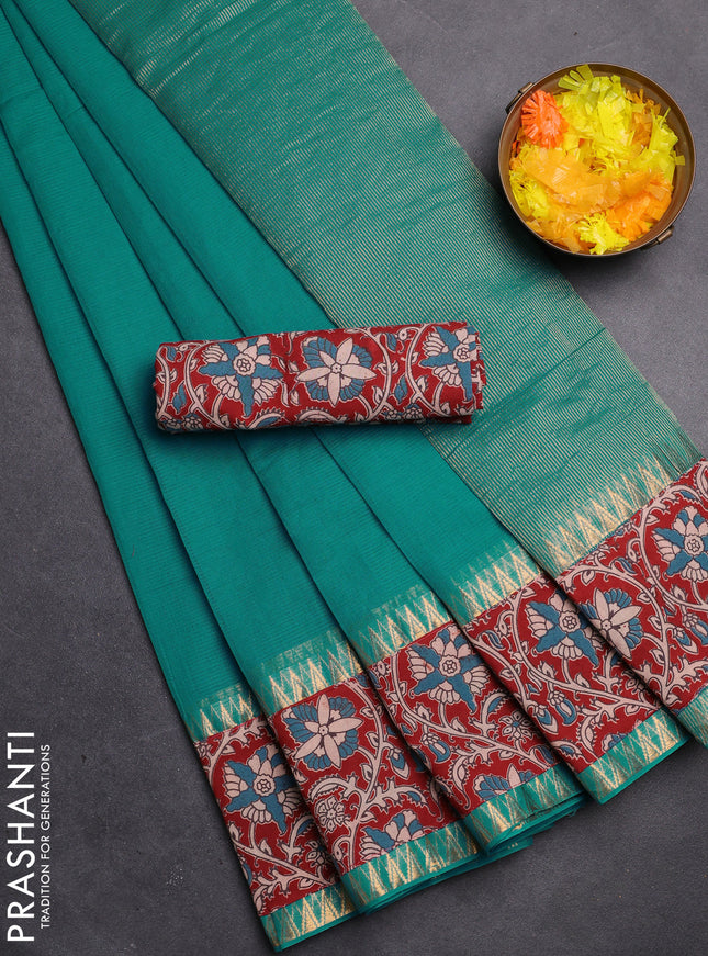 Mangalgiri cotton saree teal blue and maroon with plain body and kalamkari applique work border