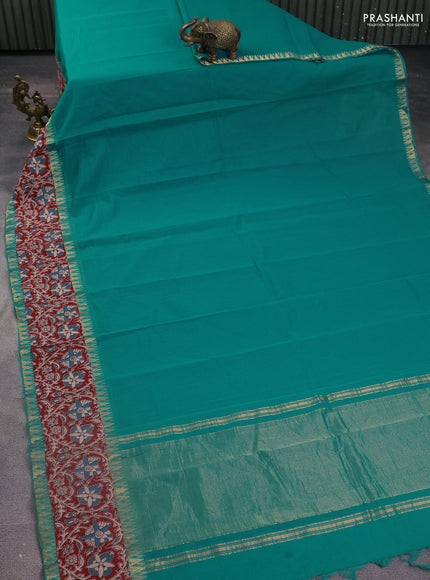 Mangalgiri cotton saree teal blue and maroon with plain body and kalamkari applique work border