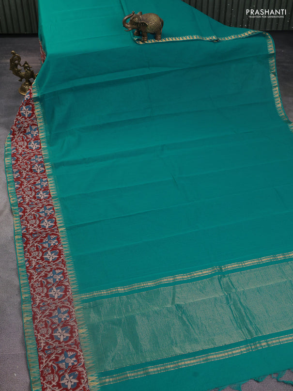 Mangalgiri cotton saree teal blue and maroon with plain body and kalamkari applique work border