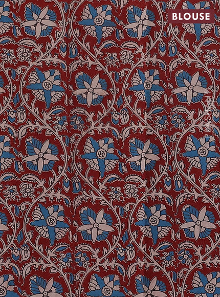 Mangalgiri cotton saree teal blue and maroon with plain body and kalamkari applique work border