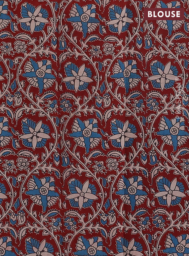 Mangalgiri cotton saree teal blue and maroon with plain body and kalamkari applique work border