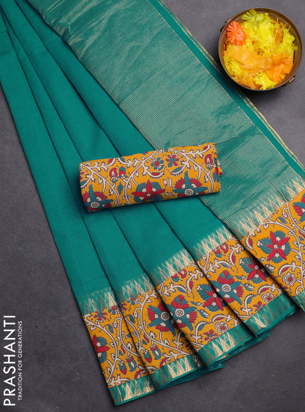 Mangalgiri cotton saree teal blue and orange with plain body and kalamkari applique work border