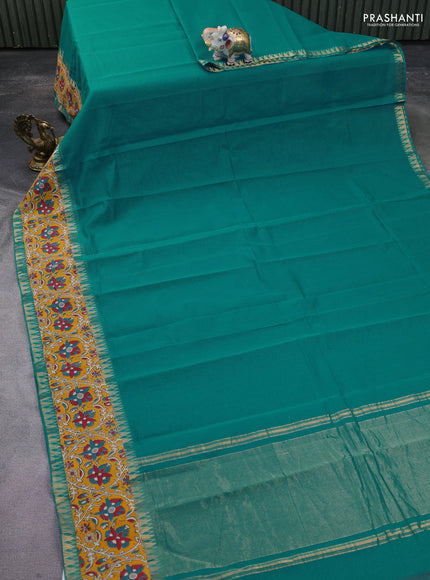 Mangalgiri cotton saree teal blue and orange with plain body and kalamkari applique work border
