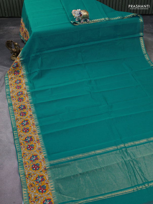 Mangalgiri cotton saree teal blue and orange with plain body and kalamkari applique work border