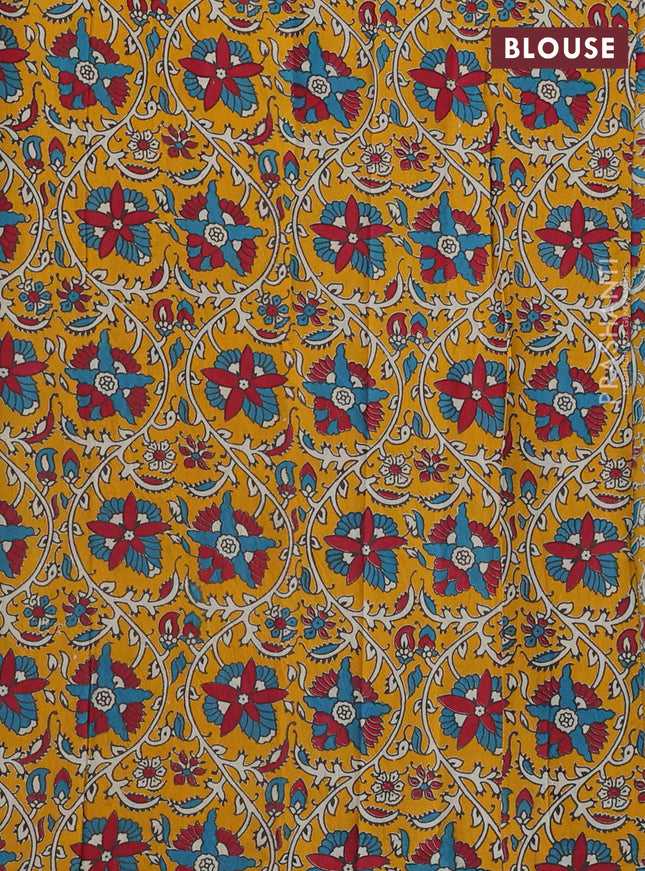 Mangalgiri cotton saree teal blue and orange with plain body and kalamkari applique work border