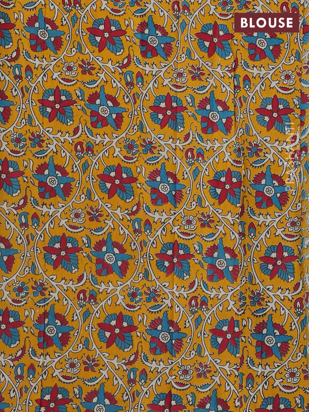 Mangalgiri cotton saree teal blue and orange with plain body and kalamkari applique work border