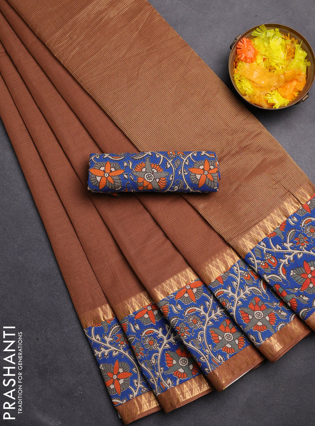 Mangalgiri cotton saree brown and blue with plain body and kalamkari applique work border
