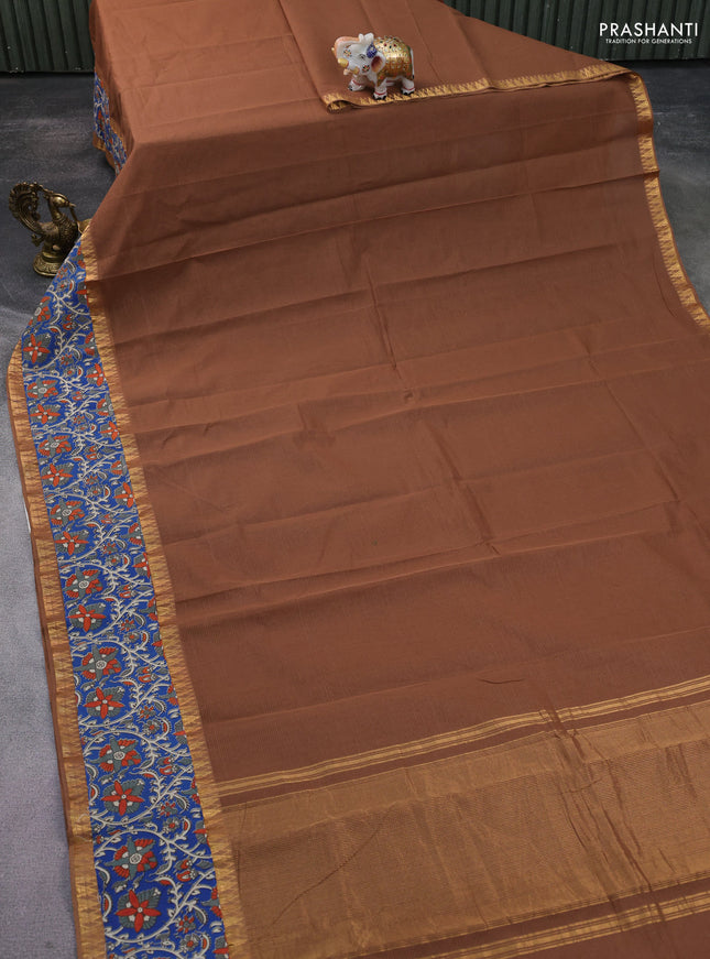 Mangalgiri cotton saree brown and blue with plain body and kalamkari applique work border